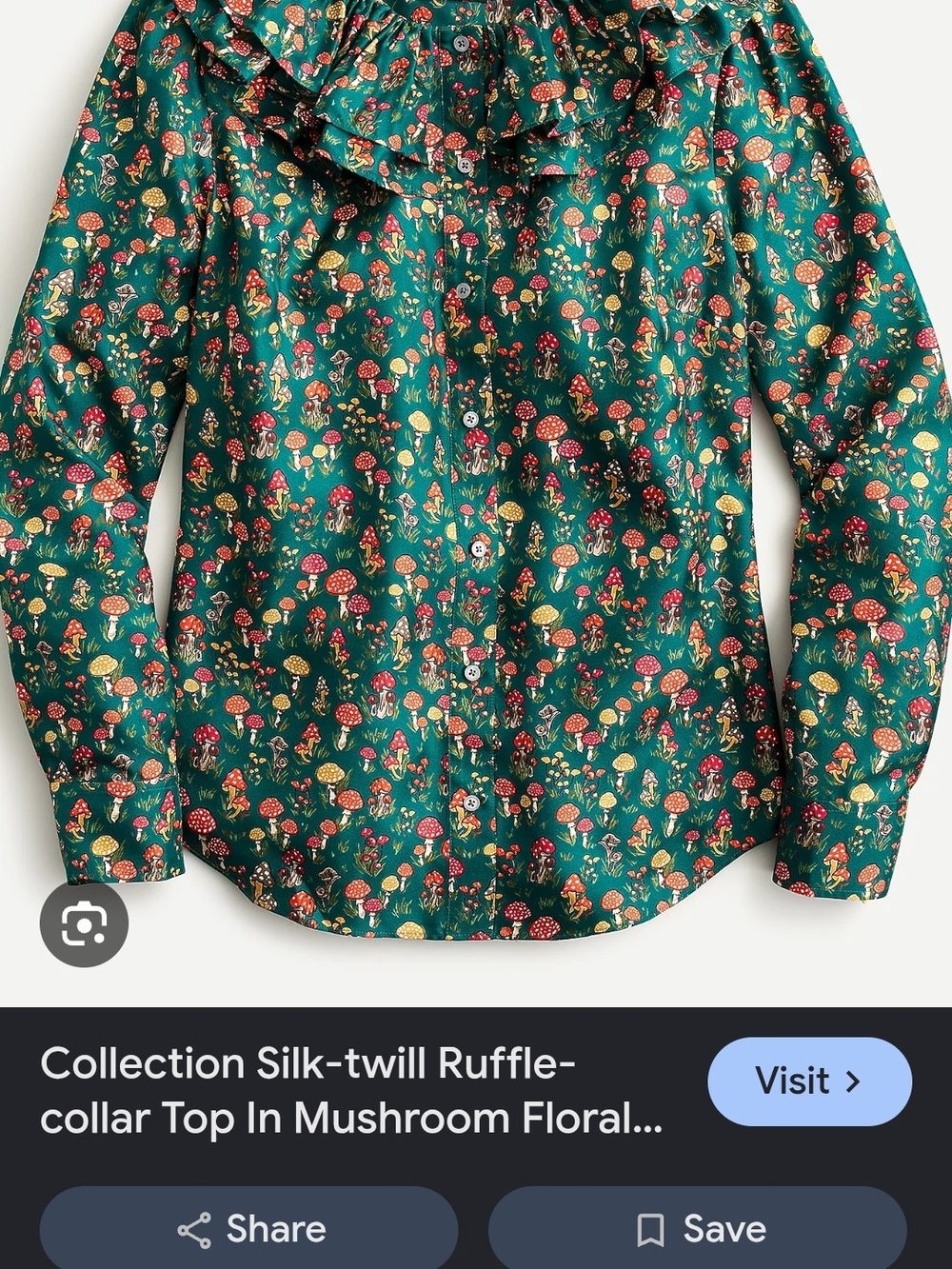 J. Crew Green Mushroom Floral Ruffle-Collar Button-Down